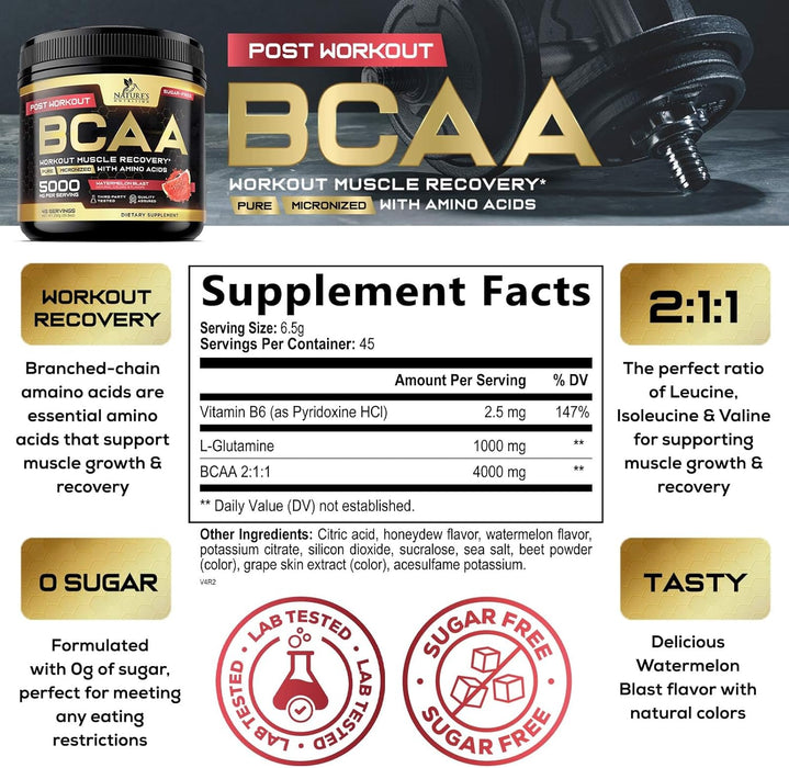 BCAA Powder - Post Workout Muscle Recovery Support Supplement, Pre Workout Energy 2:1:1 with Essential Amino Acids, Keto, Sugar-Free, 4g BCAAs plus 1g Glutamine per Serving, Watermelon - 45 Servings