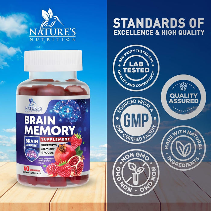 Nature's Nutrition Nootropic Brain Booster Memory Supplement Gummy for Concentration & Mental Focus - Brain Health & Energy with B12, Phosphatidylserine, Coffee Extract, Nature's Vitamins for Men & Women