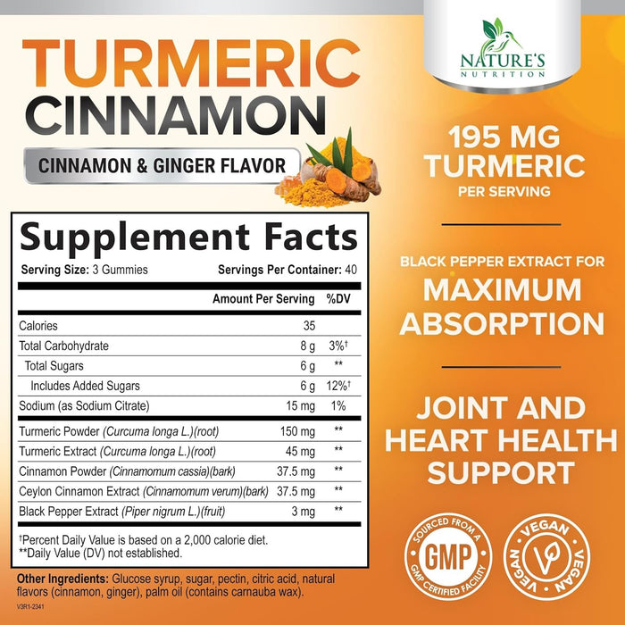 Turmeric Curcumin with Cinnamon & Ginger Gummies 95% Curcuminoids Black Pepper for Max Absorption Joint Support, Nature's Tumeric Herbal Extract Supplement Gummy Capsules, Vegan, Non-GMO - 60 Gummies