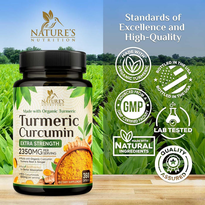 Turmeric Curcumin Supplement 1750mg with Organic Turmeric & Ginger, 95% Curcuminoids, BioPerine Black Pepper for Best Absorption, Nature's Vegan Joint Support, Non-GMO, Bottled in USA