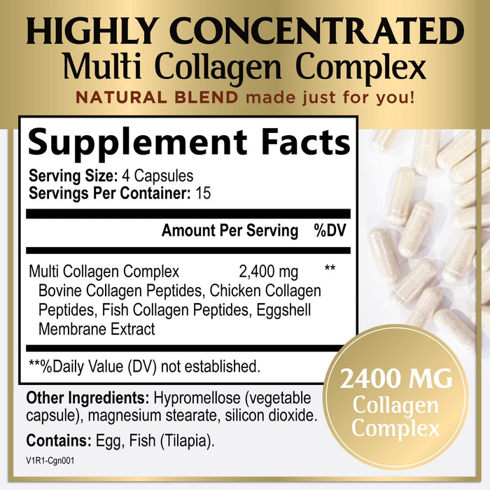 Multi Collagen Peptides for Women – 2400mg Best Hydrolyzed Collagen Complex with 5 Types (I, II, III, V, X) - Grass Fed – Hair, Skin, Nail, Bone & Joint Support for Beauty & Wellness – 60 Capsules