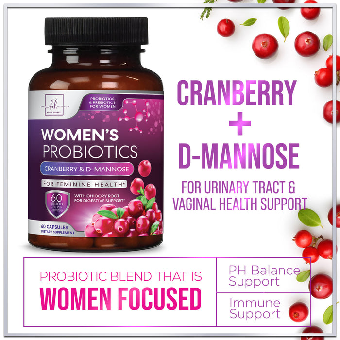 Hello Lovely! Formulated Probiotics for Women + Prebiotics & Cranberry, Vaginal Women's Probiotic for Digestive Health, pH & Immune Support, Shelf Stable