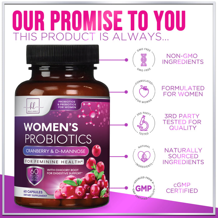 Hello Lovely! Formulated Probiotics for Women + Prebiotics & Cranberry, Vaginal Women's Probiotic for Digestive Health, pH & Immune Support, Shelf Stable