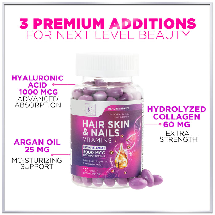 Hair Vitamins for Women with Biotin 5000mcg - Hair, Skin & Nails Health & Keratin Support Infused with Argan Oil, Collagen & Hyaluronic Acid, Womens Hair Growth Support Supplement