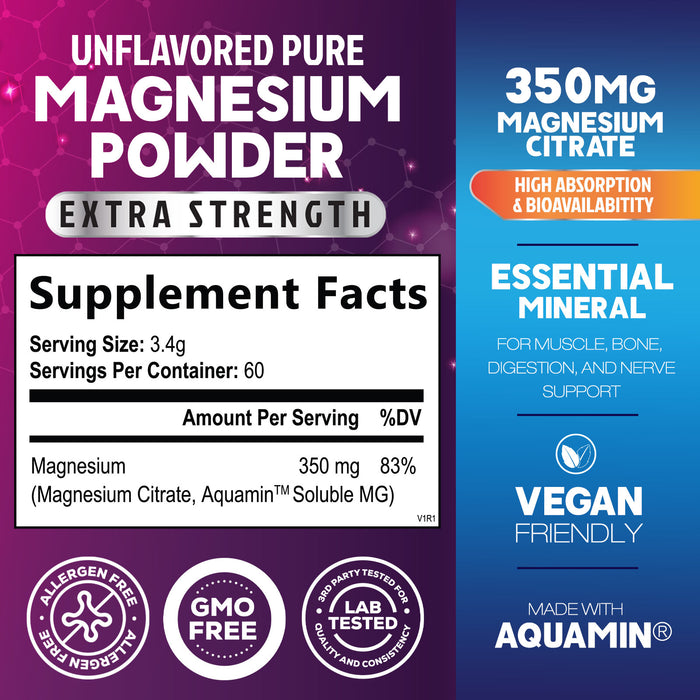 Magnesium Powder Supplement - Magnesium Citrate Powder Drink Mix Unflavored Made with Aquamin Magnesium - Bone, Heart & Muscle Support, Sugar Free, Gluten Free, Vegan, & Non-GMO - 60 Servings