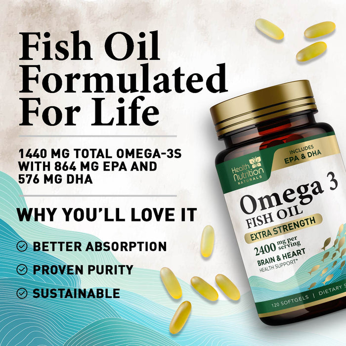 Omega 3 Fish Oil Triple Strength 1200 mg, Omega-3 Supplements, Natural Brain Heart Health & Immune Support - Fatty Acids with EPA & DHA - Wild Caught Purified Fish Oil Supplement - 120 Softgels