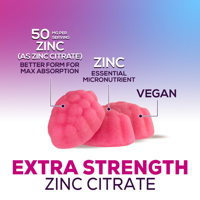 Zinc Supplement 50mg Gummies for Adults - Max Strength Skin Health & Immune Support Gummy, Vegan, Non-GMO & Gluten Free, Nature’s Antioxidant & Bone Health Chewable Tasty Berry Flavor - 120 Gummies