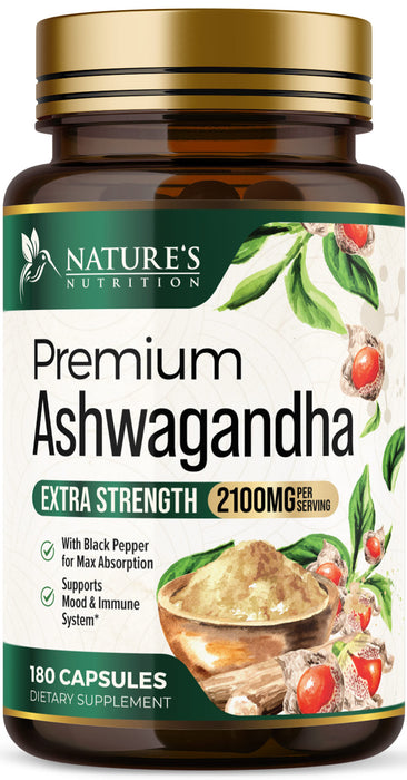 Nature's Nutrition Organic Ashwagandha Capsules Extra Strength 2100mg - Stress Support Formula - Natural Mood Support - Focus & Energy Support Supplement