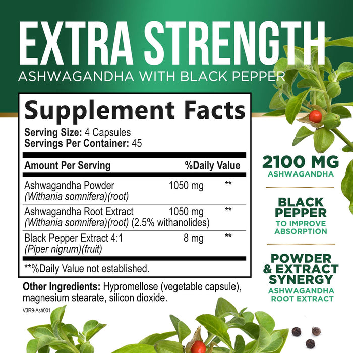 Nature's Nutrition Organic Ashwagandha Capsules Extra Strength 2100mg - Stress Support Formula - Natural Mood Support - Focus & Energy Support Supplement