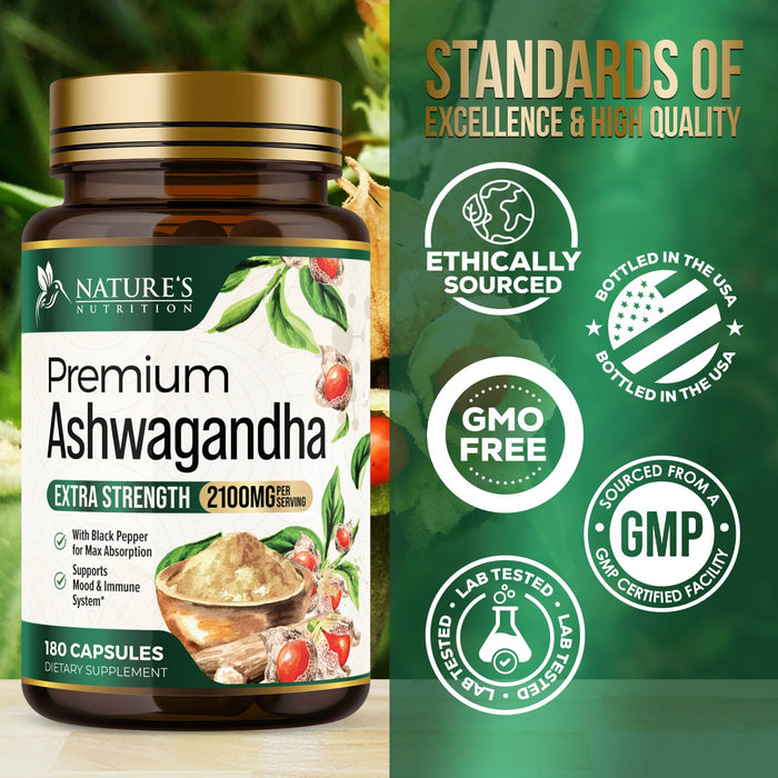Nature's Nutrition Organic Ashwagandha Capsules Extra Strength 2100mg - Stress Support Formula - Natural Mood Support - Focus & Energy Support Supplement