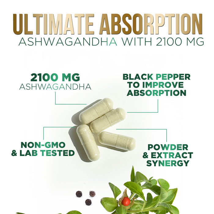 Nature's Nutrition Organic Ashwagandha Capsules Extra Strength 2100mg - Stress Support Formula - Natural Mood Support - Focus & Energy Support Supplement