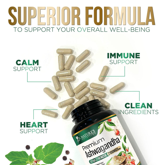 Nature's Nutrition Organic Ashwagandha Capsules Extra Strength 2100mg - Stress Support Formula - Natural Mood Support - Focus & Energy Support Supplement