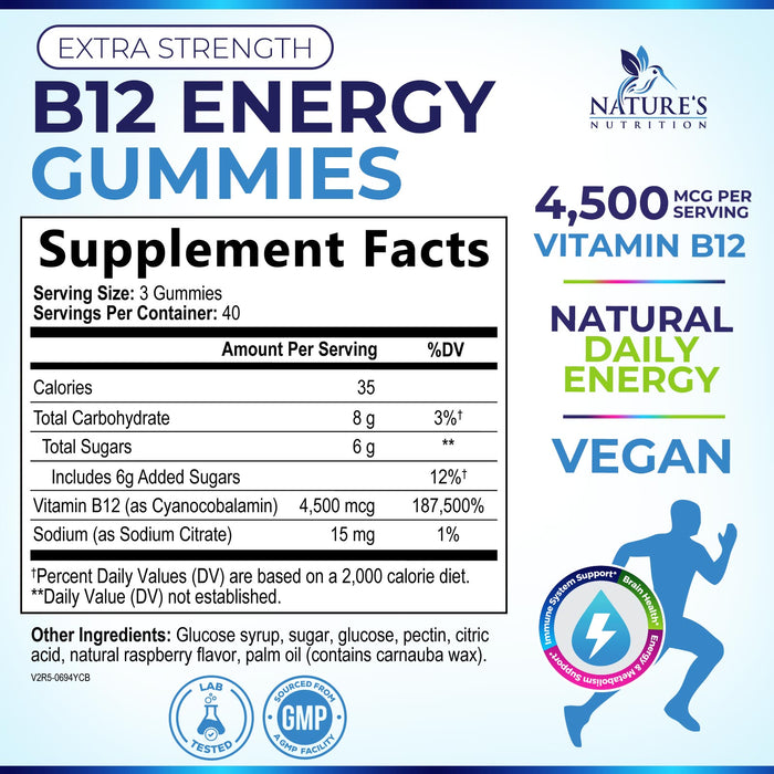 B-12 Vitamin Energy Gummies - 4500mcg Extra Strength B12 Gummy Chewables for Energy Metabolism & Immune Support - Dietary Supplement for Women, Men, & Kids - Non-GMO, Vegan, Berry Flavor - 120 Count