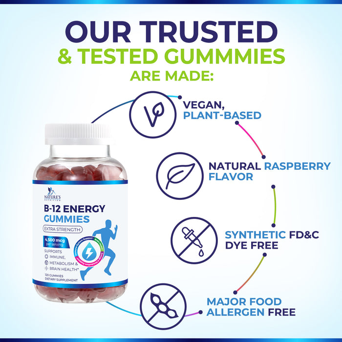 B-12 Vitamin Energy Gummies - 4500mcg Extra Strength B12 Gummy Chewables for Energy Metabolism & Immune Support - Dietary Supplement for Women, Men, & Kids - Non-GMO, Vegan, Berry Flavor - 120 Count