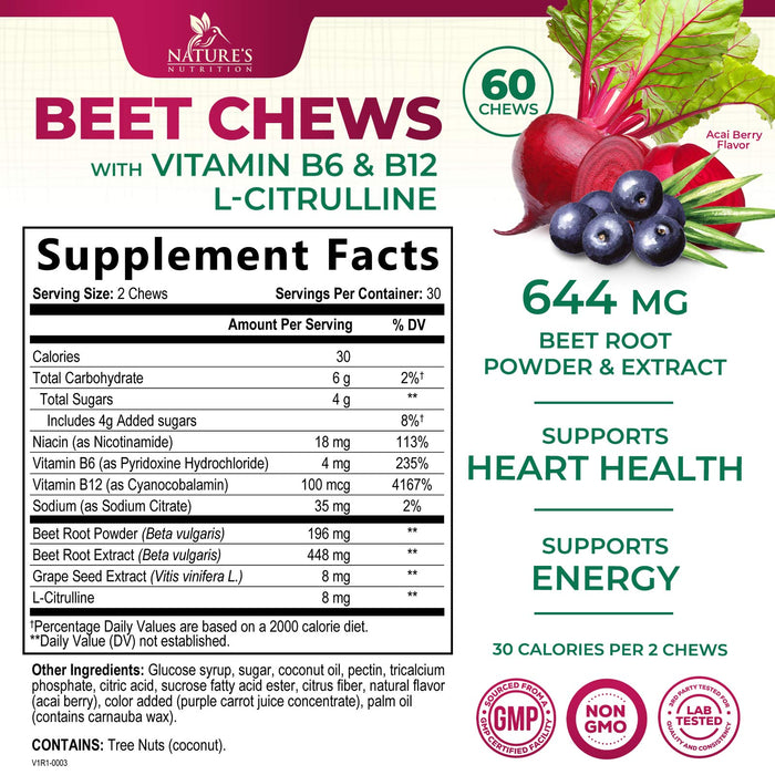 Beet Chews - Extra Strength Beet Root Chewables with Grape Seed Extract Supports Heart Health & Energy with Powerful Antioxidants - Nature's Beetroot Nitric Oxide Supplement - 60 Vegan Soft Chews