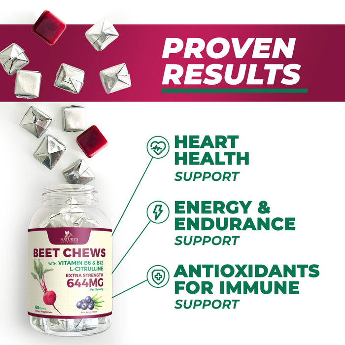Beet Chews - Extra Strength Beet Root Chewables with Grape Seed Extract Supports Heart Health & Energy with Powerful Antioxidants - Nature's Beetroot Nitric Oxide Supplement - 60 Vegan Soft Chews