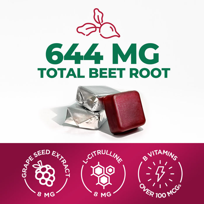 Beet Chews - Extra Strength Beet Root Chewables with Grape Seed Extract Supports Heart Health & Energy with Powerful Antioxidants - Nature's Beetroot Nitric Oxide Supplement - 60 Vegan Soft Chews