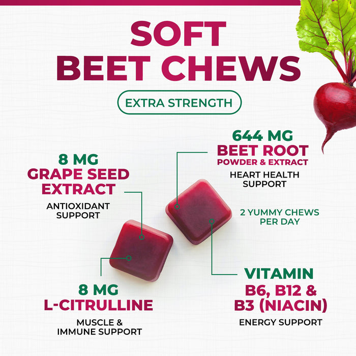 Beet Chews - Extra Strength Beet Root Chewables with Grape Seed Extract Supports Heart Health & Energy with Powerful Antioxidants - Nature's Beetroot Nitric Oxide Supplement - 60 Vegan Soft Chews