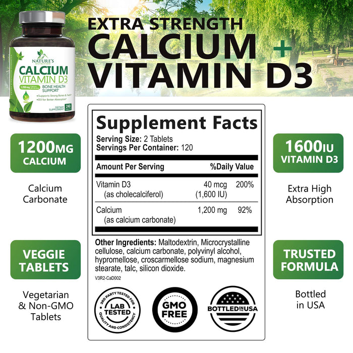 Calcium 1200 mg Plus Vitamin D3, Bone Health & Immune Support - Nature's Calcium Supplement with Extra Strength Vitamin D for Extra Strength Carbonate Absorption
