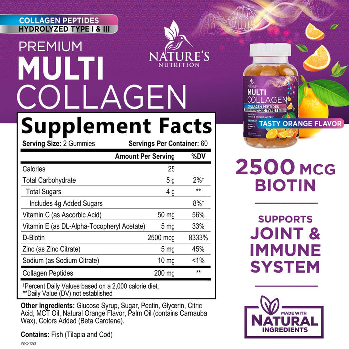 Collagen Gummies with Biotin - Hydrolyzed Collagen Peptides Supplement Types I and III - Support for Hair, Skin, Nails and Joints - Gluten Free and Non-GMO - Orange Flavored Gummy Vitamins