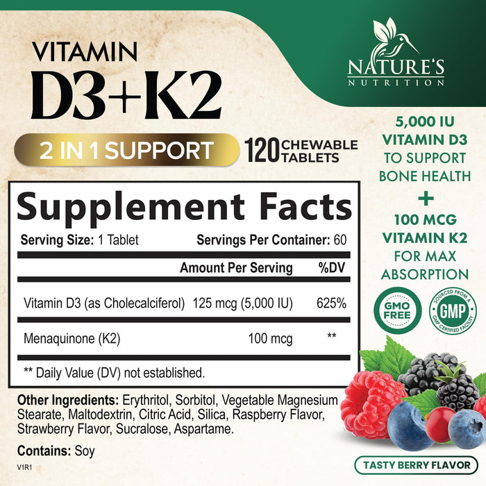Nature's Nutrition Vitamin D3 K2 5000 iu of D-3 & 100mcg of Vitamin K-2 as MK-7, 2-1 Complex for Immune Support, Heart, Joint, Teeth & Bone Health Support, Non-GMO, Berry Flavor