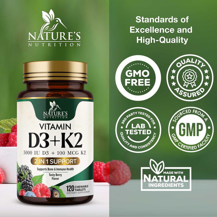Nature's Nutrition Vitamin D3 K2 5000 iu of D-3 & 100mcg of Vitamin K-2 as MK-7, 2-1 Complex for Immune Support, Heart, Joint, Teeth & Bone Health Support, Non-GMO, Berry Flavor