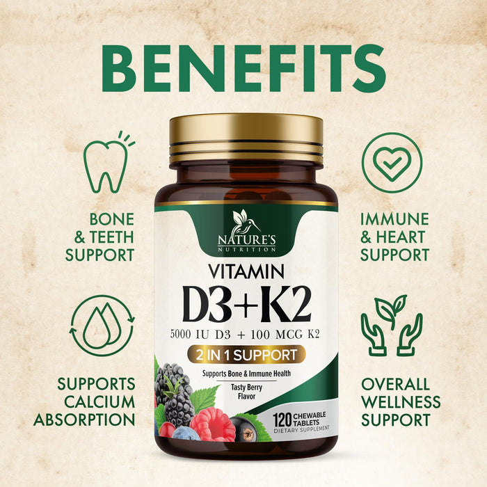 Nature's Nutrition Vitamin D3 K2 5000 iu of D-3 & 100mcg of Vitamin K-2 as MK-7, 2-1 Complex for Immune Support, Heart, Joint, Teeth & Bone Health Support, Non-GMO, Berry Flavor