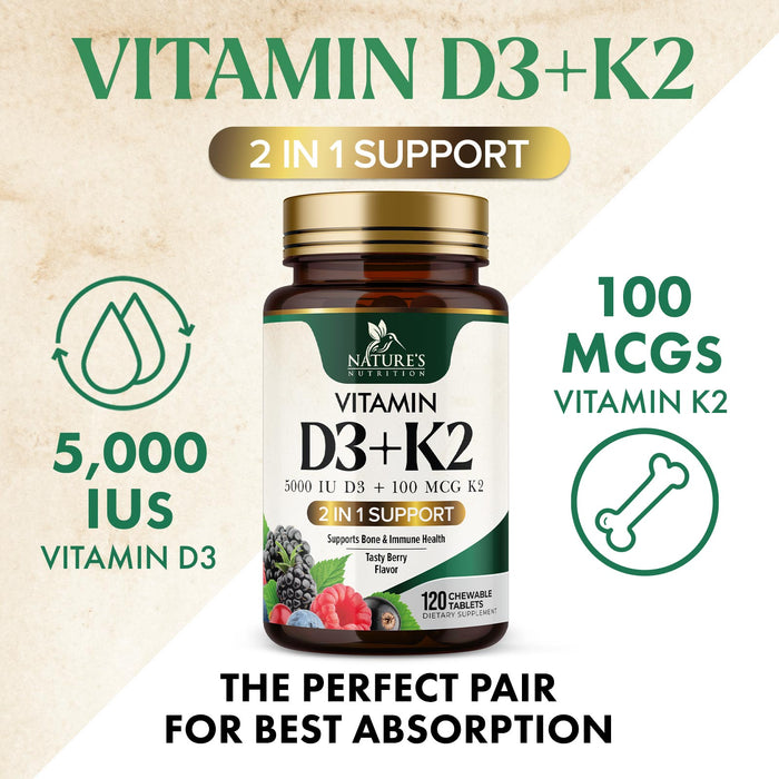 Nature's Nutrition Vitamin D3 K2 5000 iu of D-3 & 100mcg of Vitamin K-2 as MK-7, 2-1 Complex for Immune Support, Heart, Joint, Teeth & Bone Health Support, Non-GMO, Berry Flavor