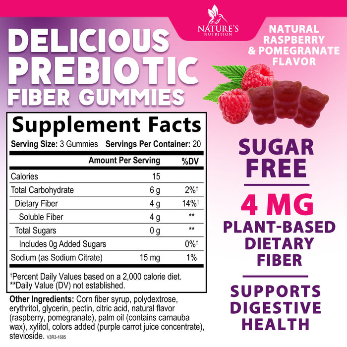 Sugar-Free Fiber Supplement Gummies for Adults - 4g Soluble Fiber per Serving - Natural Prebiotic Fiber Gummies Support Daily Digestive Health & Regularity - Plant Based & Berry Flavor - 60 Gummies