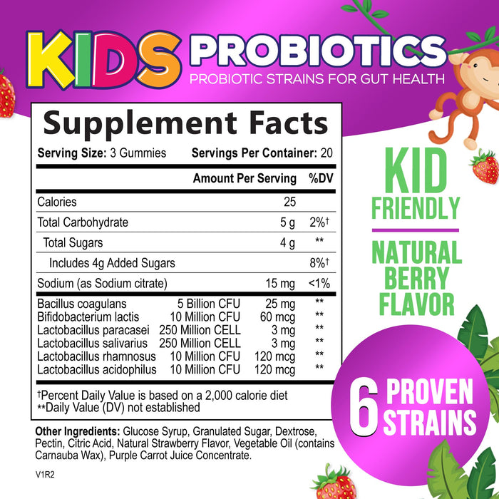 Probiotic for Kids Gummies - 5 Billion CFU with Lactobacillus & Bifidobacterium - Nature's Kids Probiotics Gummy - Digestive Health & Immune Support, Berry Flavor, Gluten & Dairy Free - 60 Gummies