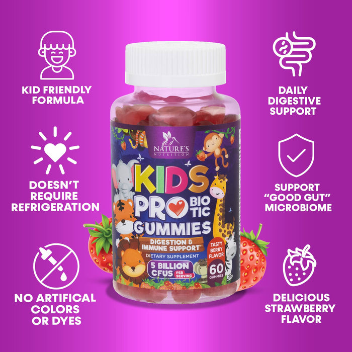 Probiotic for Kids Gummies - 5 Billion CFU with Lactobacillus & Bifidobacterium - Nature's Kids Probiotics Gummy - Digestive Health & Immune Support, Berry Flavor, Gluten & Dairy Free - 60 Gummies