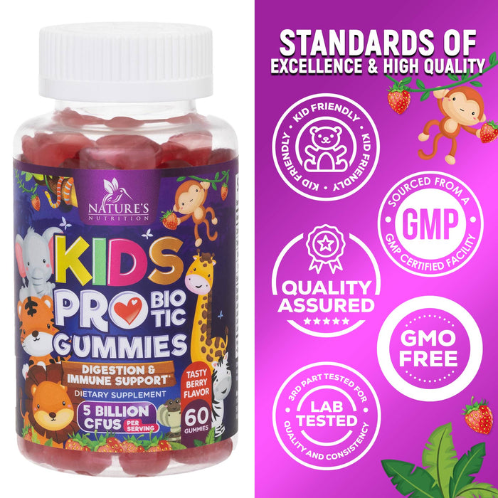 Probiotic for Kids Gummies - 5 Billion CFU with Lactobacillus & Bifidobacterium - Nature's Kids Probiotics Gummy - Digestive Health & Immune Support, Berry Flavor, Gluten & Dairy Free - 60 Gummies