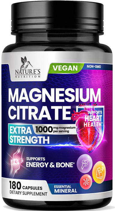 Magnesium Citrate Extra Strength 1000mg - Chelated for Max Absorption, Magnesium Capsules for Bone, Muscle & Heart Health Support, Nature's Magnesium Citrate Supplement, Vegan, Non-GMO