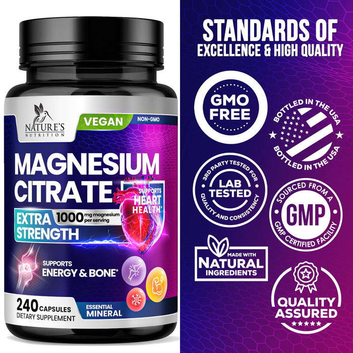 Magnesium Citrate Extra Strength 1000mg - Chelated for Max Absorption, Magnesium Capsules for Bone, Muscle & Heart Health Support, Nature's Magnesium Citrate Supplement, Vegan, Non-GMO