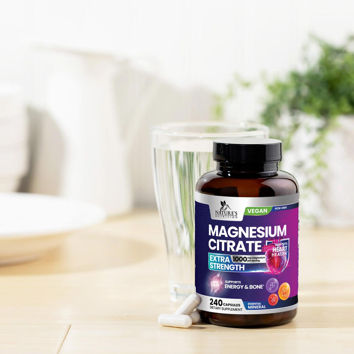 Magnesium Citrate Extra Strength 1000mg - Chelated for Max Absorption, Magnesium Capsules for Bone, Muscle & Heart Health Support, Nature's Magnesium Citrate Supplement, Vegan, Non-GMO