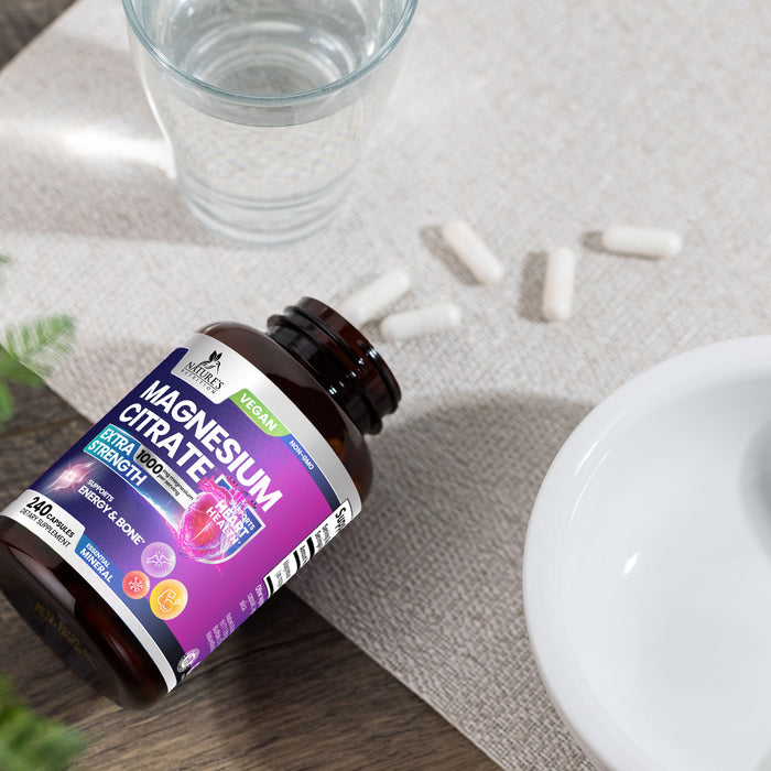 Magnesium Citrate Extra Strength 1000mg - Chelated for Max Absorption, Magnesium Capsules for Bone, Muscle & Heart Health Support, Nature's Magnesium Citrate Supplement, Vegan, Non-GMO