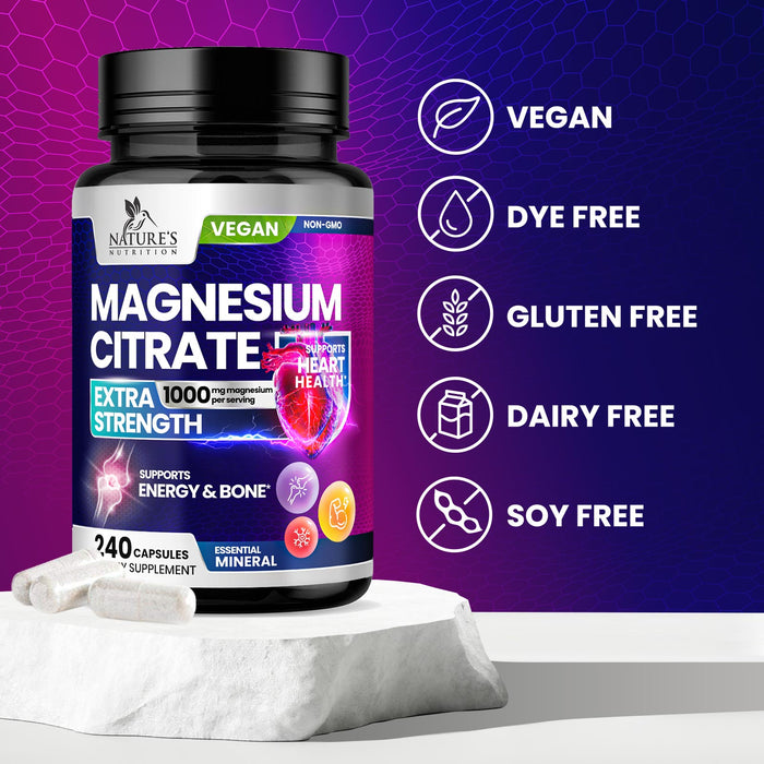 Magnesium Citrate Extra Strength 1000mg - Chelated for Max Absorption, Magnesium Capsules for Bone, Muscle & Heart Health Support, Nature's Magnesium Citrate Supplement, Vegan, Non-GMO