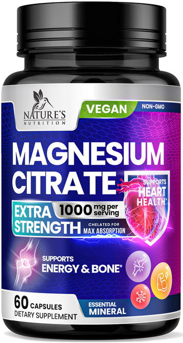 Magnesium Citrate Extra Strength 1000mg - Chelated for Max Absorption, Magnesium Capsules for Bone, Muscle & Heart Health Support, Nature's Magnesium Citrate Supplement, Vegan, Non-GMO