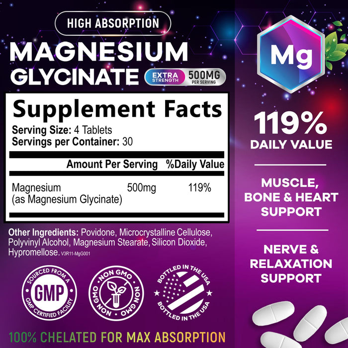 Magnesium Glycinate 425 mg with Calcium - Max Absorption Magnesium Tablets for Muscle, Nerve, Bone & Heart Health Support - Vegan, Non-GMO, Gluten Free Nature's Nutrition Supplement