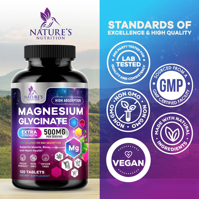 Magnesium Glycinate 425 mg with Calcium - Max Absorption Magnesium Tablets for Muscle, Nerve, Bone & Heart Health Support - Vegan, Non-GMO, Gluten Free Nature's Nutrition Supplement