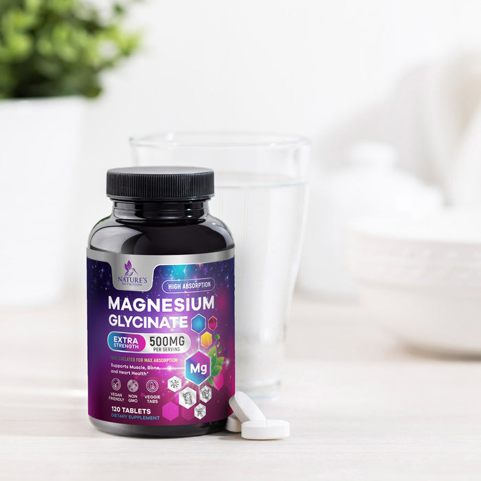 Magnesium Glycinate 425 mg with Calcium - Max Absorption Magnesium Tablets for Muscle, Nerve, Bone & Heart Health Support - Vegan, Non-GMO, Gluten Free Nature's Nutrition Supplement