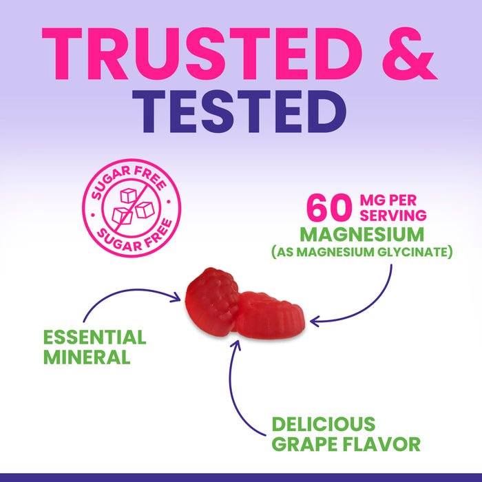 Magnesium Glycinate Supplement Gummies - Magnesium Supplement with Bone Muscle Heart Health & Sleep Support - Gentle on Stomach & Chelated for Max Absorption - Grape Flavor & Sugar Free - 60 Gummies
