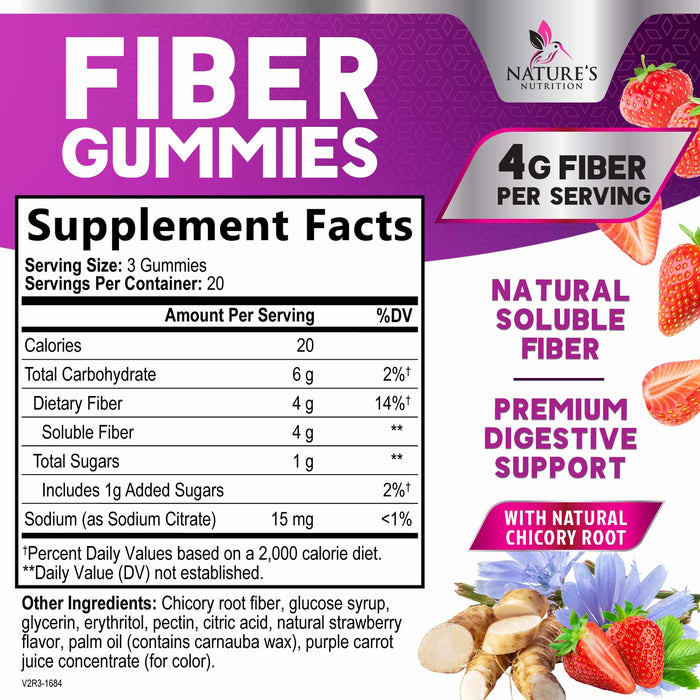 Fiber Gummies for Adults, Fiber 4g Gummy - Daily Prebiotic Supplement & Digestive Health Support, Supports Regularity & Natural Prebiotic Fiber Gummy, Plant Based Fiber, Strawberry Flavor - 60 Gummies