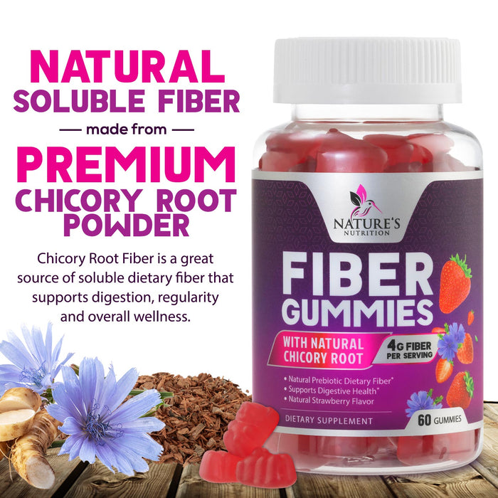 Fiber Gummies for Adults, Fiber 4g Gummy - Daily Prebiotic Supplement & Digestive Health Support, Supports Regularity & Natural Prebiotic Fiber Gummy, Plant Based Fiber, Strawberry Flavor - 60 Gummies