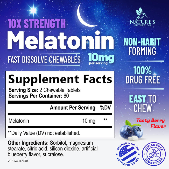 Fast Dissolve Melatonin 10mg, Sleep Support for Adults, Melatonin Sleep Supplement for a Sleep-Promoting Restful Sleep, Non-Habit Forming, 100% Drug Free, Berry Flavored