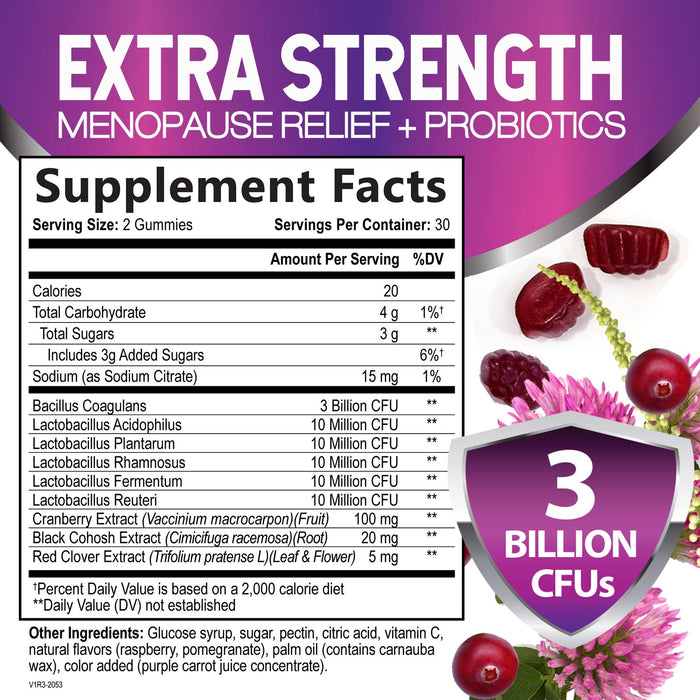 Menopause Probiotic for Women Gummy with Cranberry, 3 Billion CFU, Natural Menopause Relief for Hot Flashes, Night Sweats, PH Balance, Mood Swings, Immune Support, Probiotic Supplement - 60 Gummies