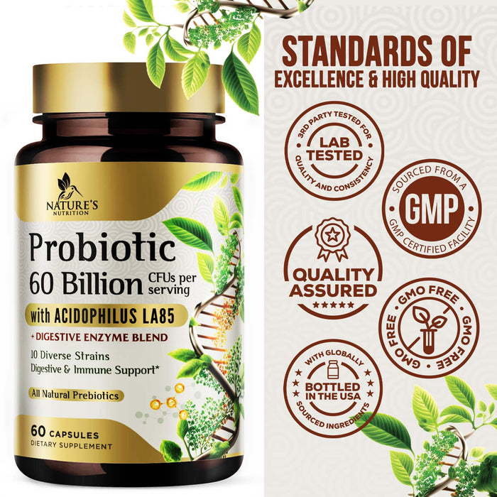Probiotic for Digestive Health - 60 Billion CFU Daily Probiotics & Prebiotics Supplement with Acidophilus - Immune Support for Women & Men - Shelf Stable, Soy, Dairy & Gluten Free - 60 Capsules