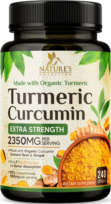 Turmeric Curcumin Supplement 1750mg with Organic Turmeric & Ginger, 95% Curcuminoids, BioPerine Black Pepper for Best Absorption, Nature's Vegan Joint Support, Non-GMO, Bottled in USA - 240 Capsules