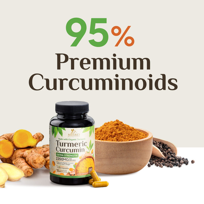 Turmeric Curcumin Supplement 1750mg with Organic Turmeric & Ginger, 95% Curcuminoids, BioPerine Black Pepper for Best Absorption, Nature's Vegan Joint Support, Non-GMO, Bottled in USA - 240 Capsules