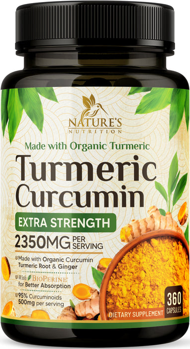 Turmeric Curcumin Supplement 1750mg with Organic Turmeric & Ginger, 95% Curcuminoids, BioPerine Black Pepper for Best Absorption, Nature's Vegan Joint Support, Non-GMO, Bottled in USA - 360 Capsules